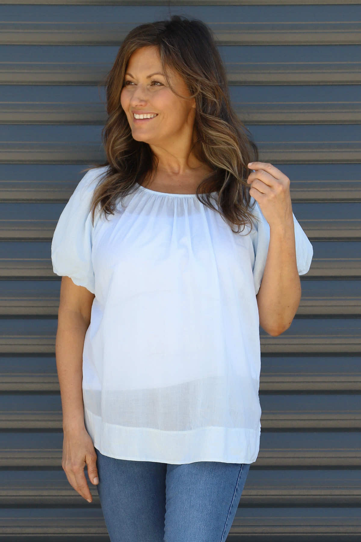 Bude Puff Sleeve Cotton Top Light Blue