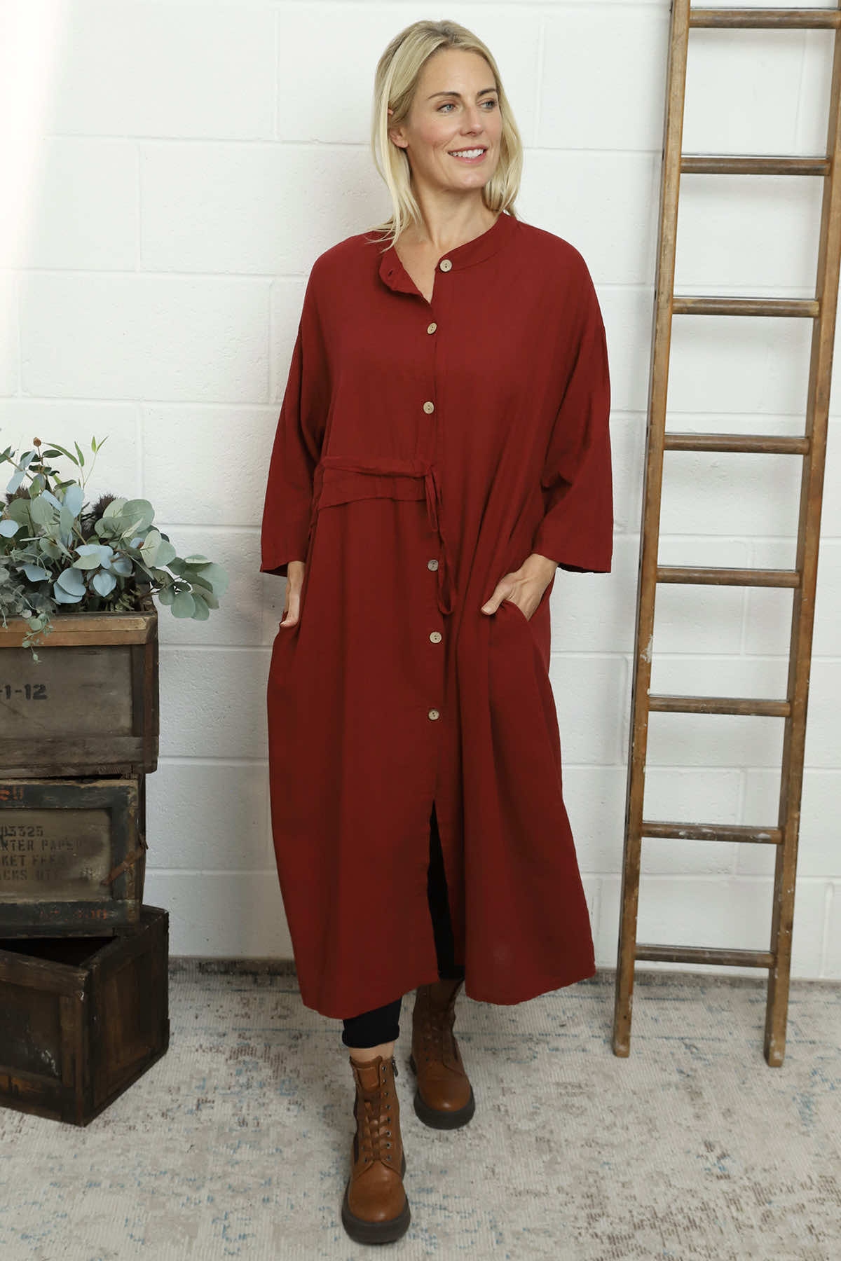Sienna Button Linen Dress Wine
