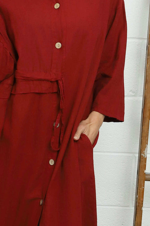 Sienna Button Linen Dress Wine - Image 3