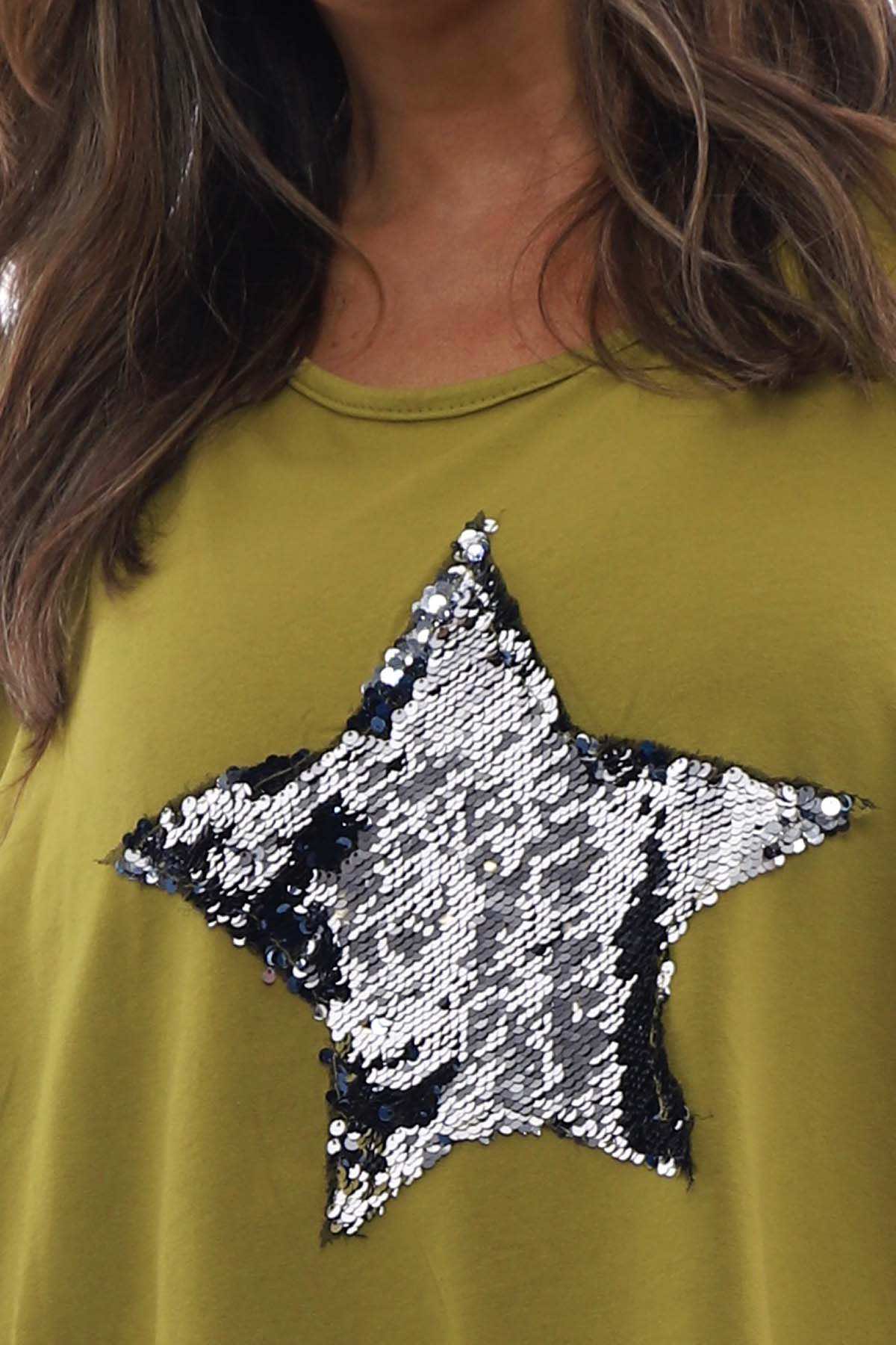 Selsey Sequin Star Cotton Top Moss