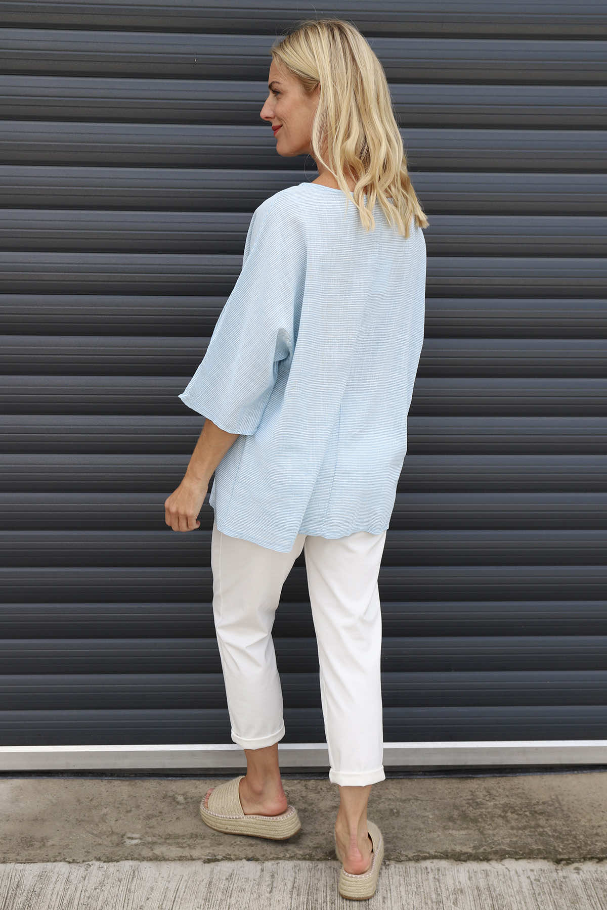 Caylen Stripe Cotton Top Light Blue