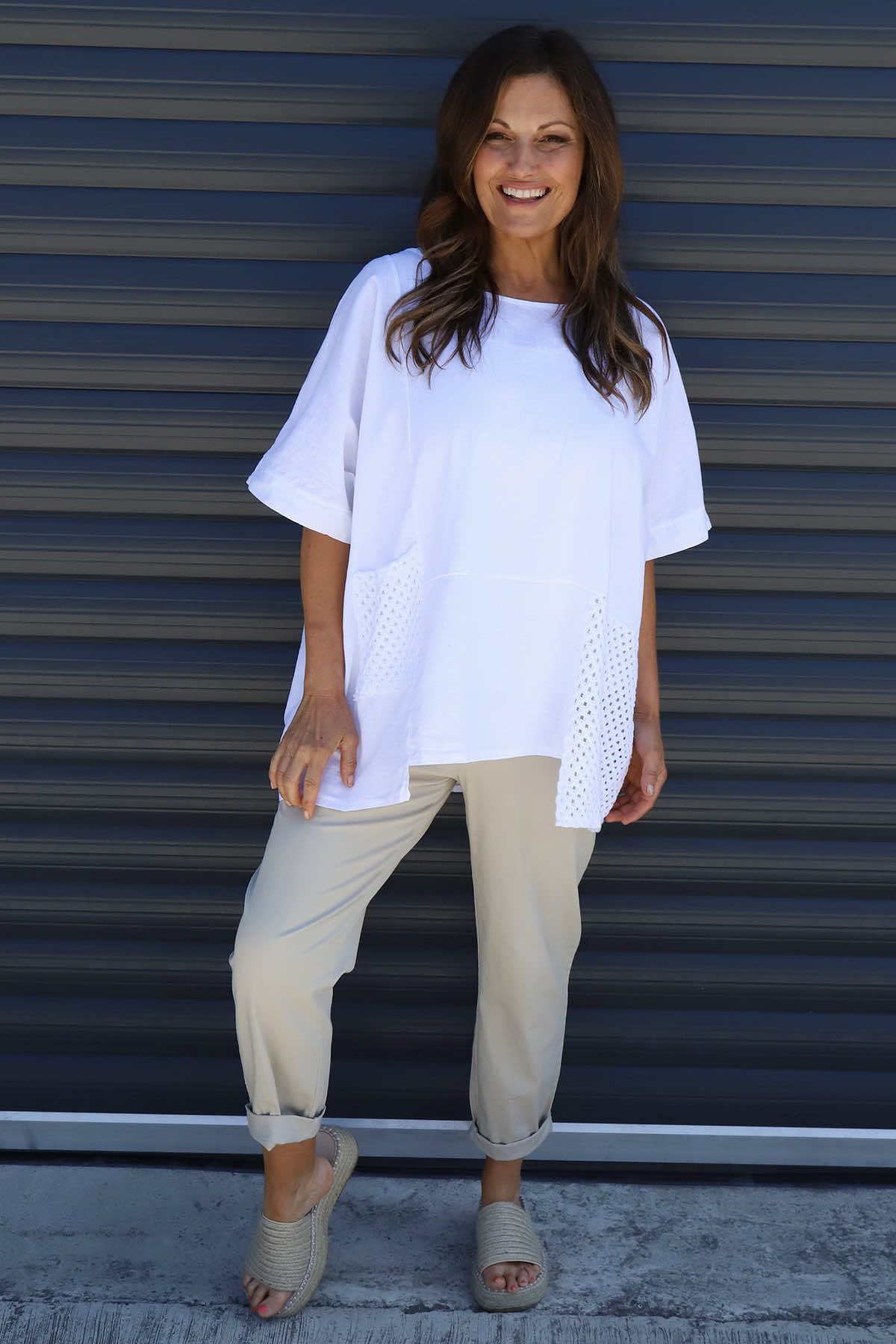 Cressida Crochet Detail Linen Top White