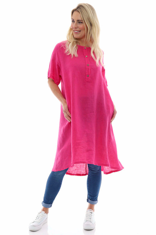 Padstow Button Linen Dress Fuchsia - Image 1