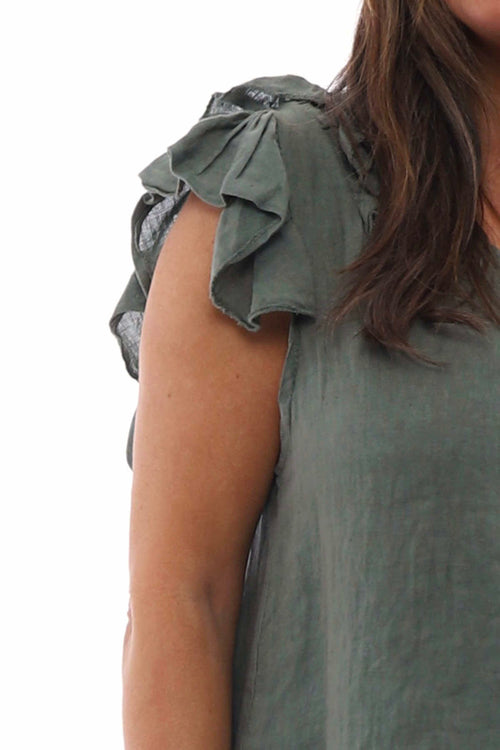 Jolie Frill Shoulder Linen Top Khaki - Image 3