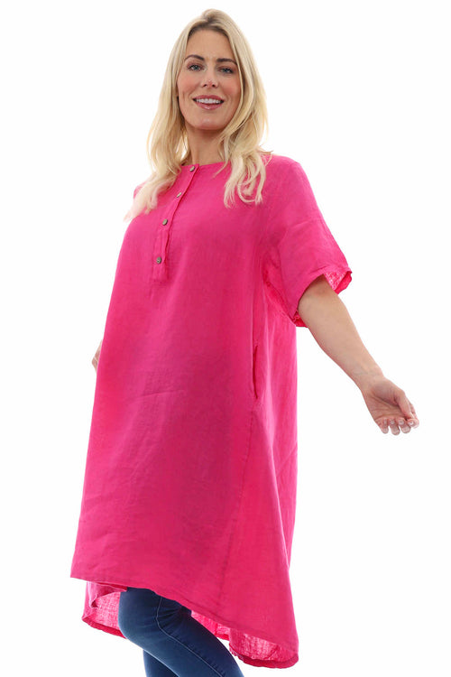 Padstow Button Linen Dress Fuchsia - Image 3