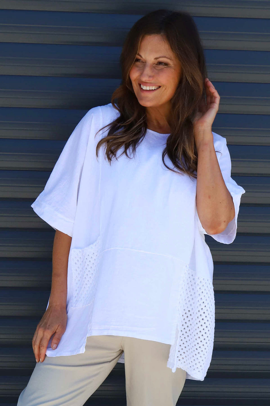 Cressida Crochet Detail Linen Top White