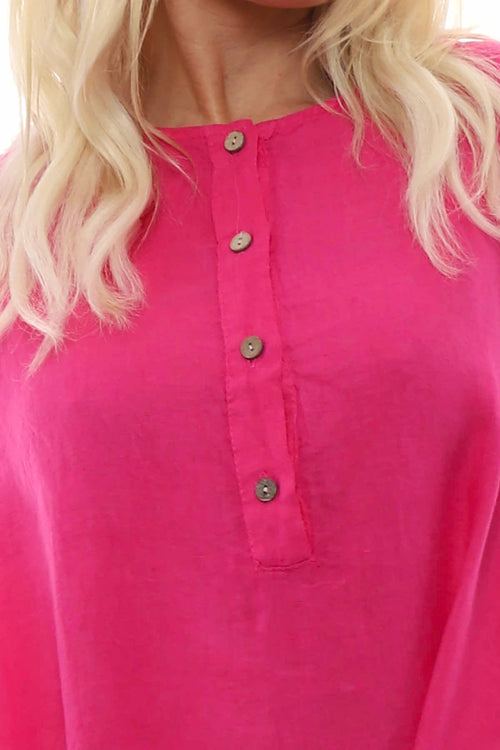 Padstow Button Linen Dress Fuchsia - Image 4