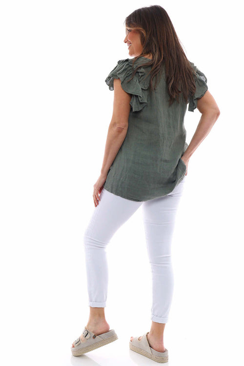 Jolie Frill Shoulder Linen Top Khaki - Image 6