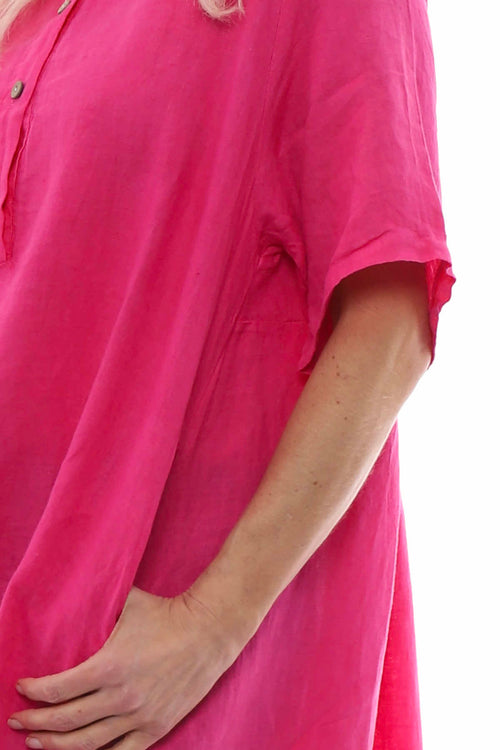 Padstow Button Linen Dress Fuchsia - Image 5