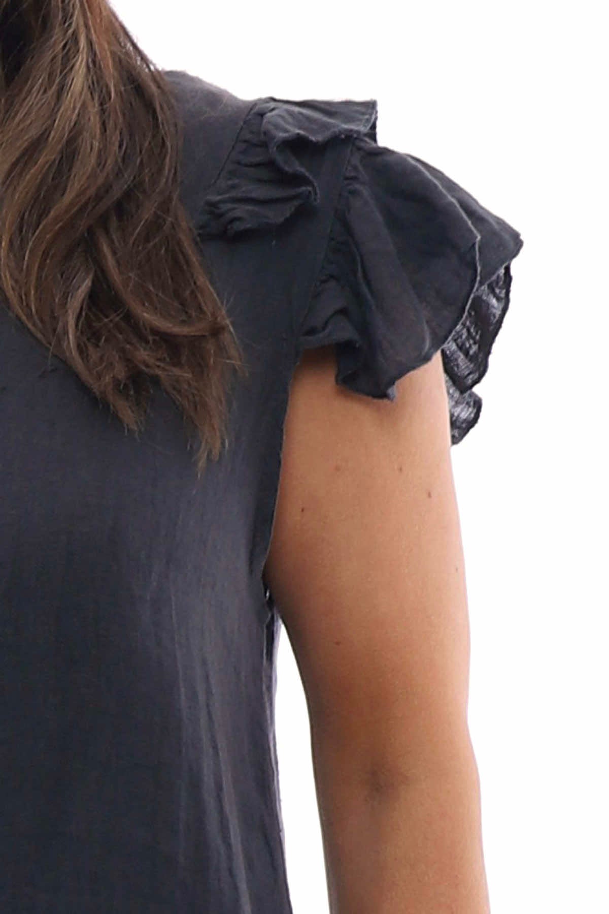 Jolie Frill Shoulder Linen Top Charcoal