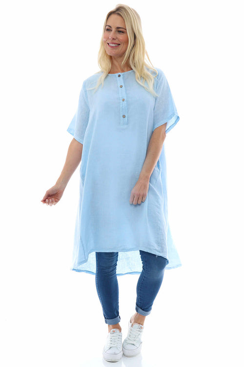 Padstow Button Linen Dress Light Blue - Image 1