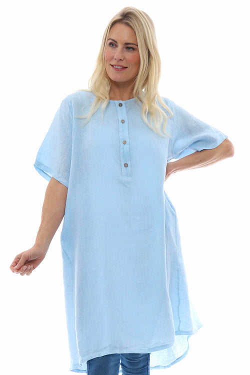 Padstow Button Linen Dress Light Blue - Image 3