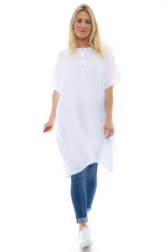 Padstow Button Linen Dress White