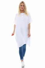 Padstow Button Linen Dress White White - Padstow Button Linen Dress White