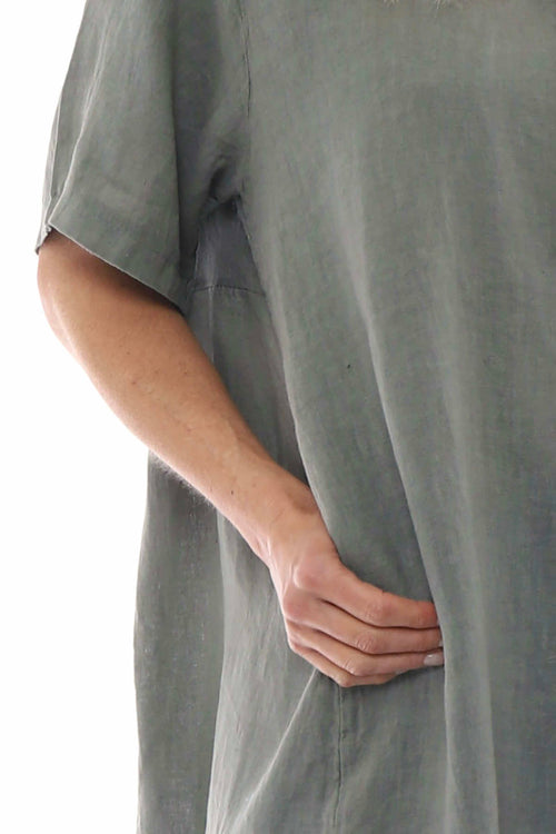 Padstow Button Linen Dress Khaki - Image 3