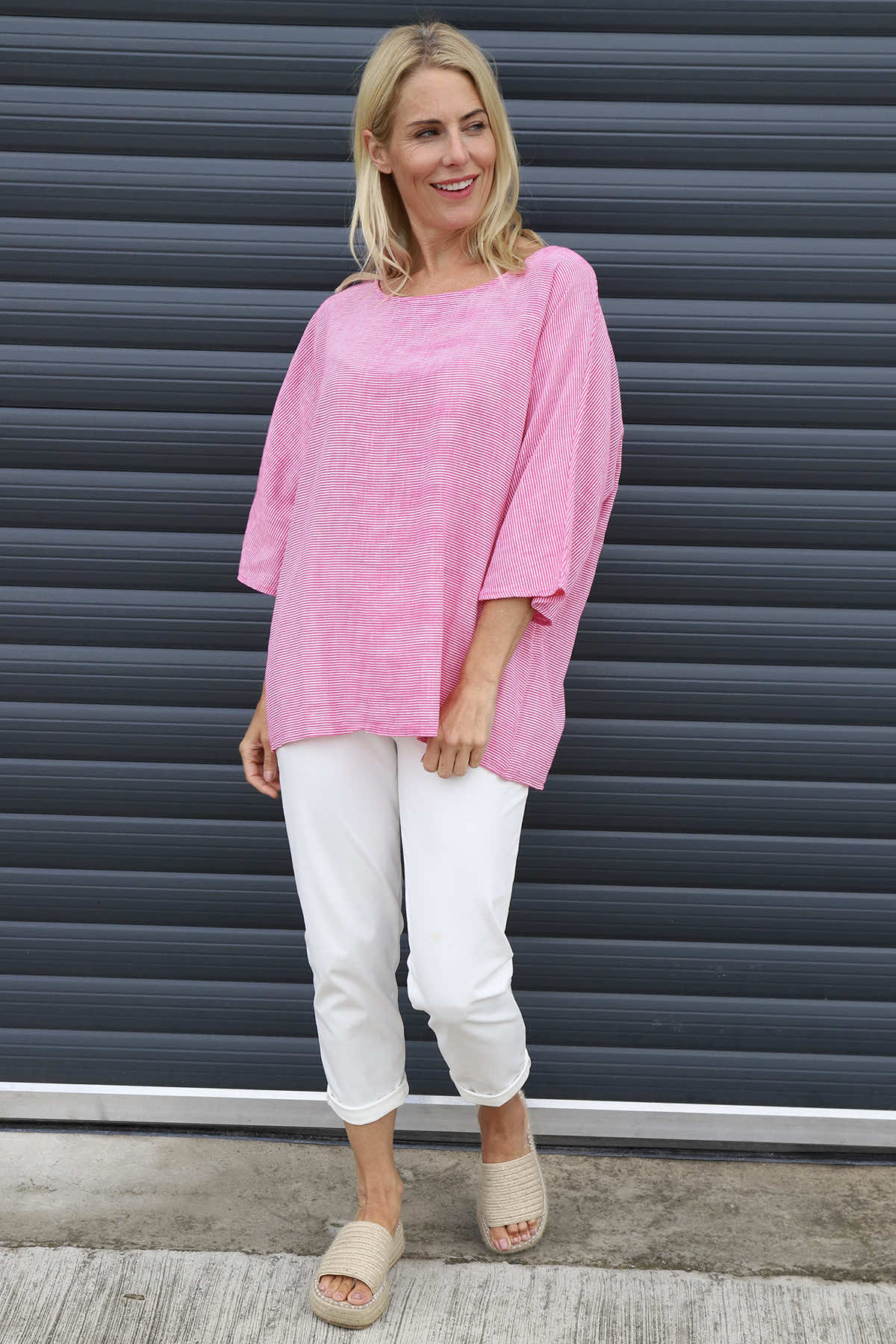 Caylen Stripe Cotton Top Fuchsia