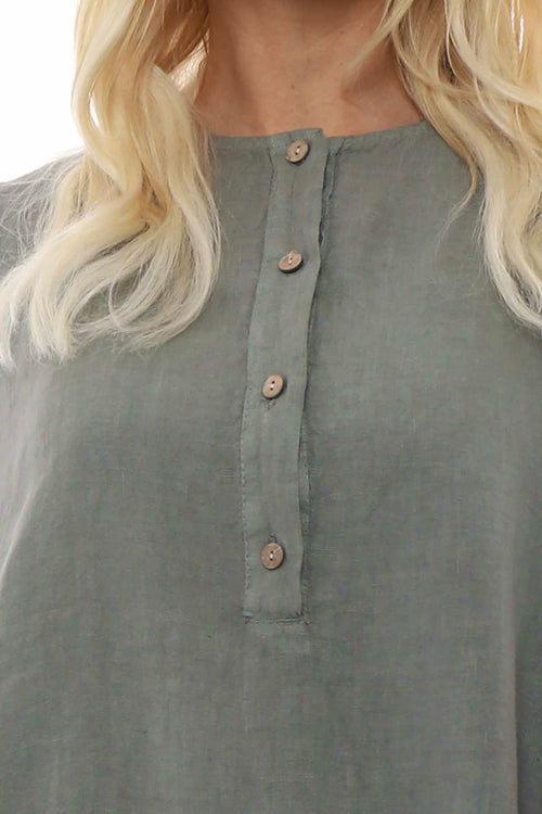 Padstow Button Linen Dress Khaki - Image 4