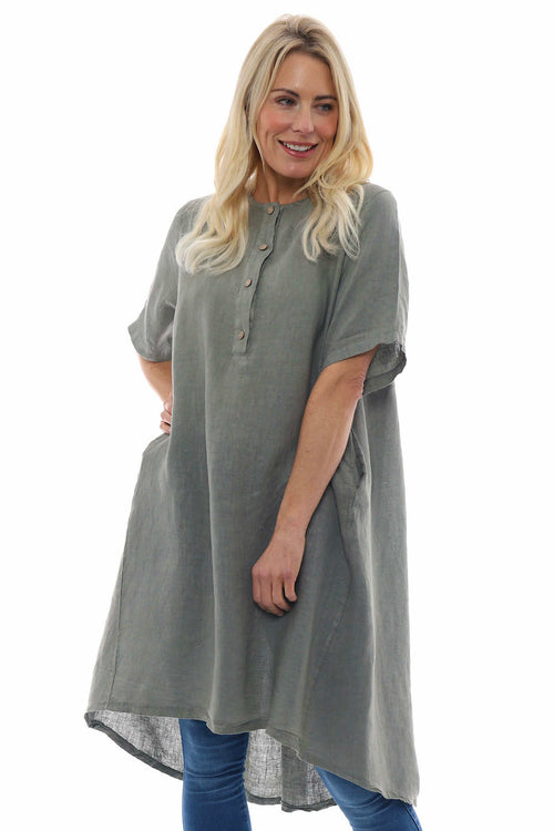 Padstow Button Linen Dress Khaki - Image 5