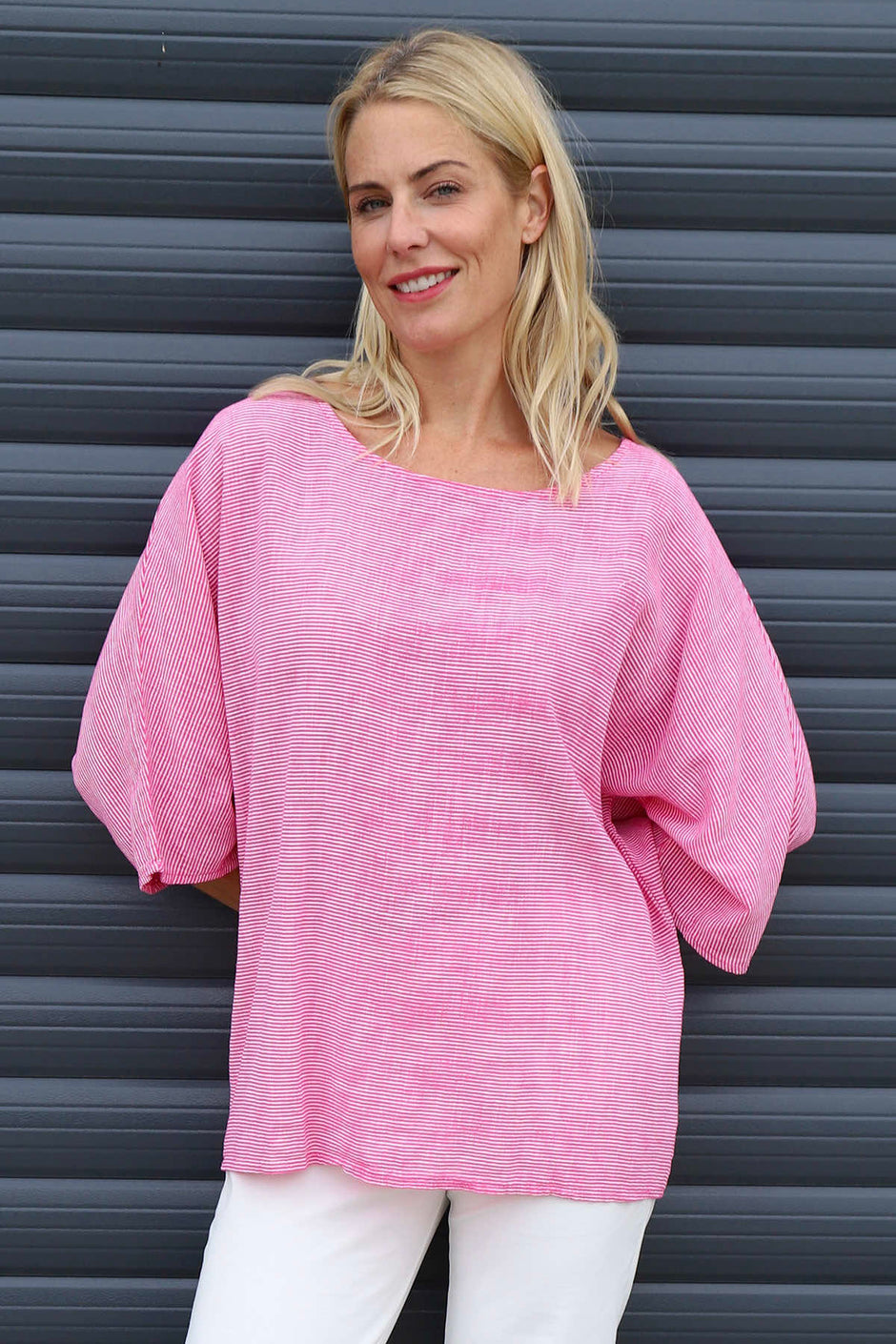 Caylen Stripe Cotton Top Fuchsia
