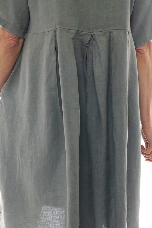 Padstow Button Linen Dress Khaki - Image 6