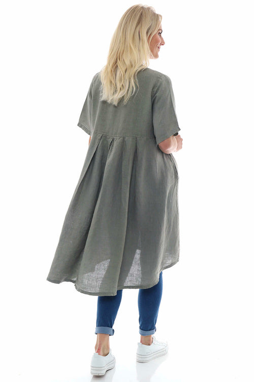 Padstow Button Linen Dress Khaki - Image 2
