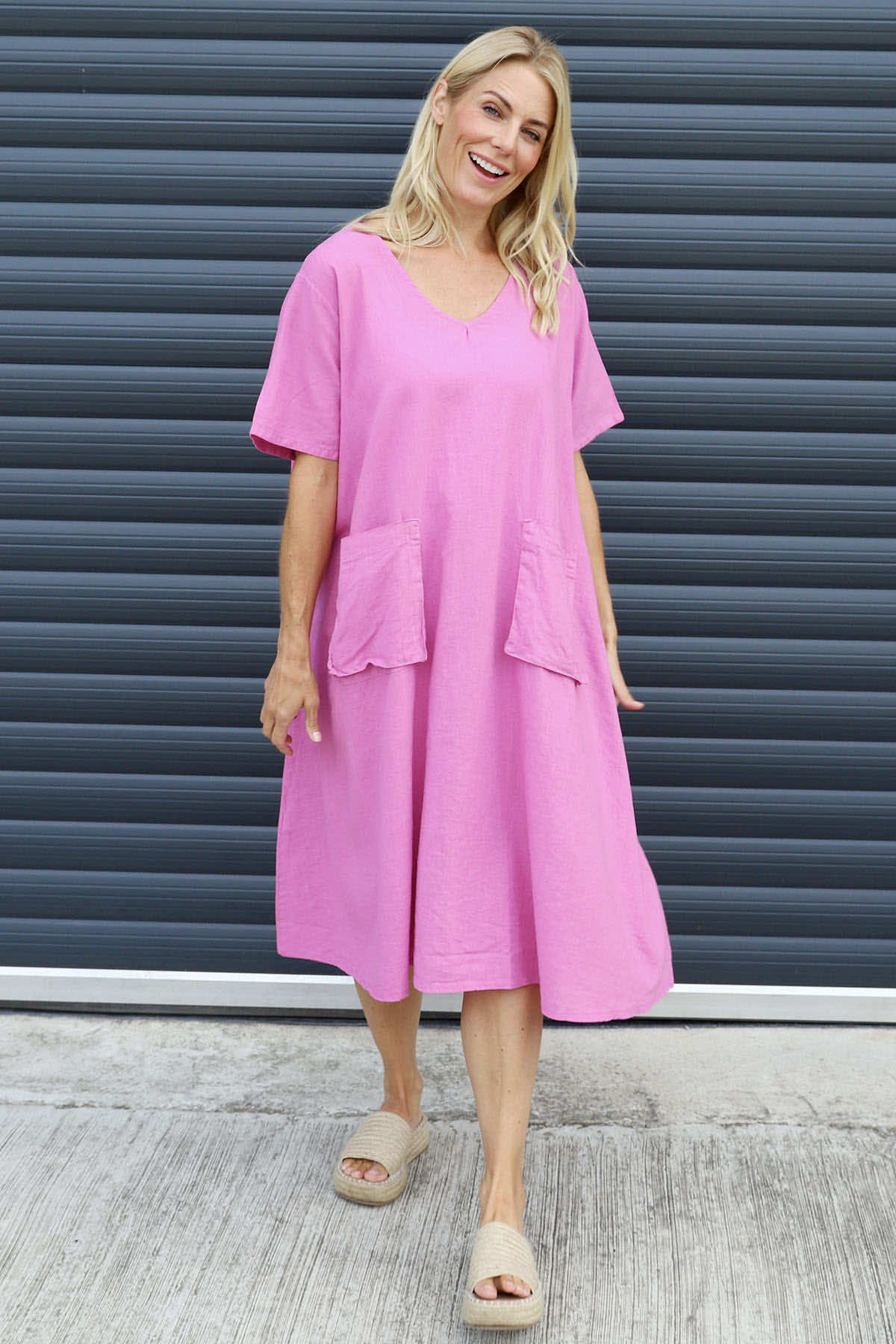 Solange Pocket Linen Dress Fuchsia