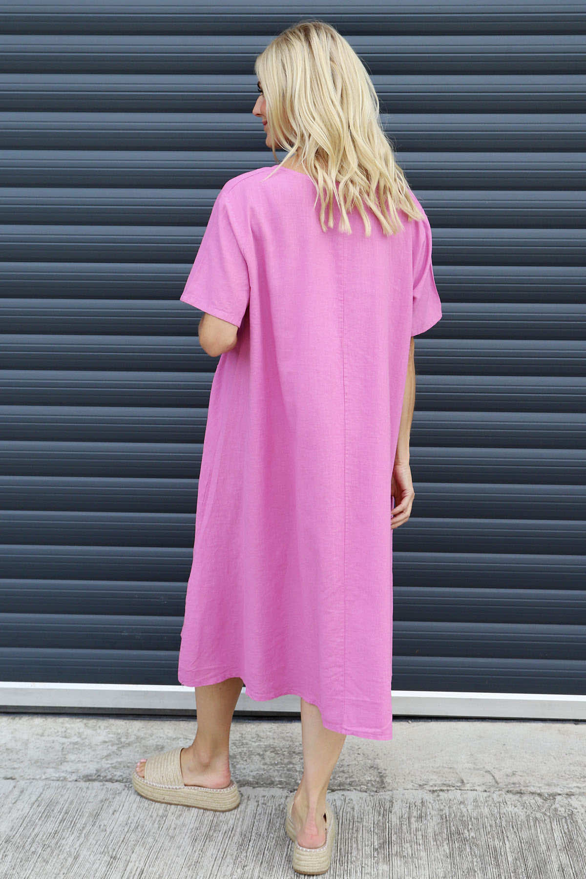 Solange Pocket Linen Dress Fuchsia