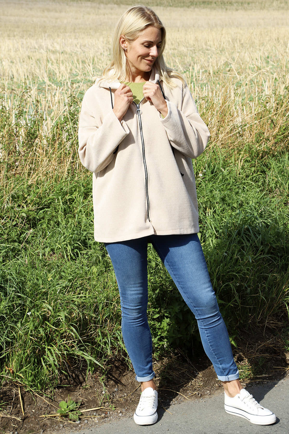 Verys Cord Zip Hooded Jacket Stone