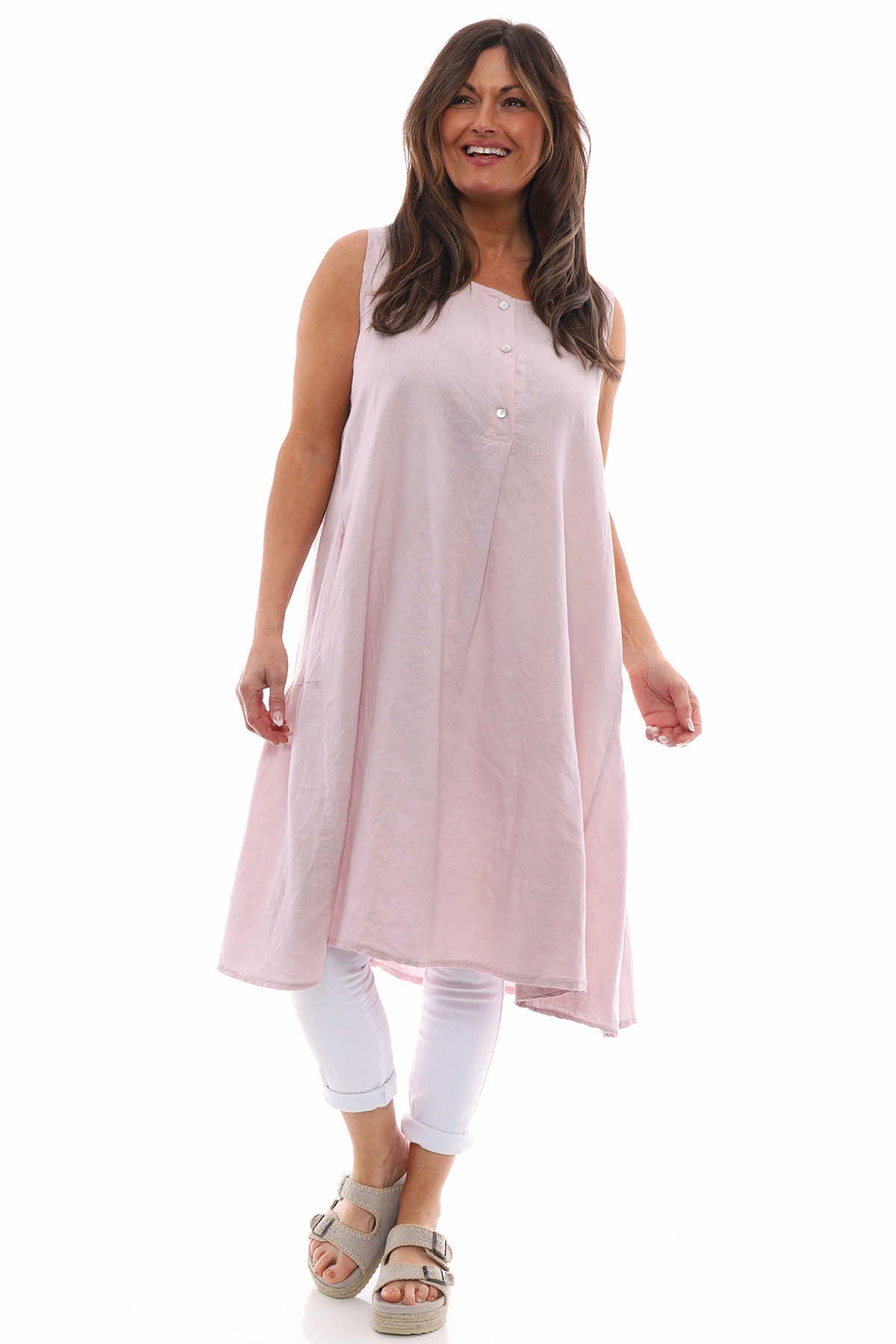 Arletta Washed Sleeveless Linen Dress Pink