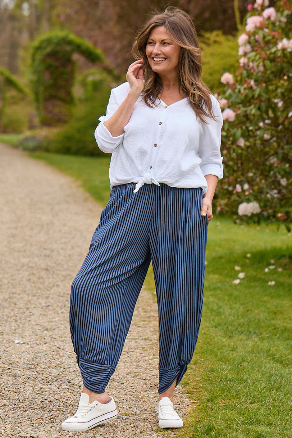 Jacinda Stripe Cotton Trousers Navy