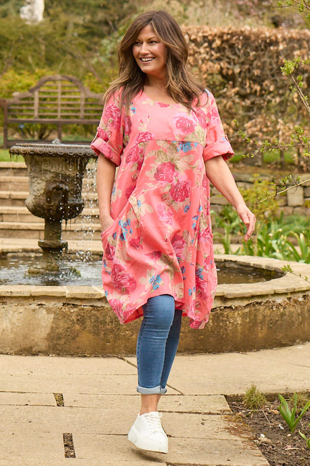 Jolee Floral Print Linen Dress Coral