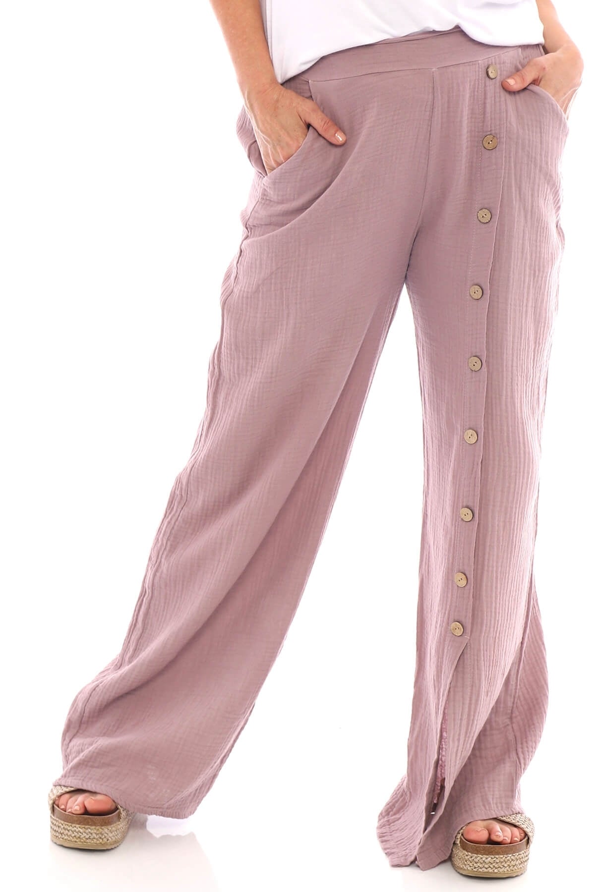 Daisy Cotton Crinkle Button Detail Trousers Mauve