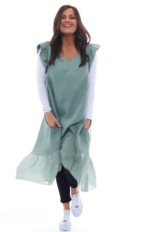 Alaysia Frill Linen Dress Khaki - Image 1
