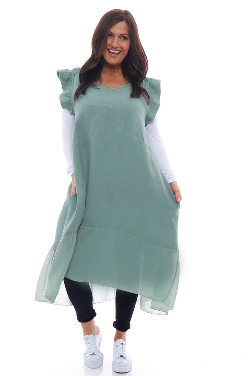 Alaysia Frill Linen Dress Khaki - Image 2