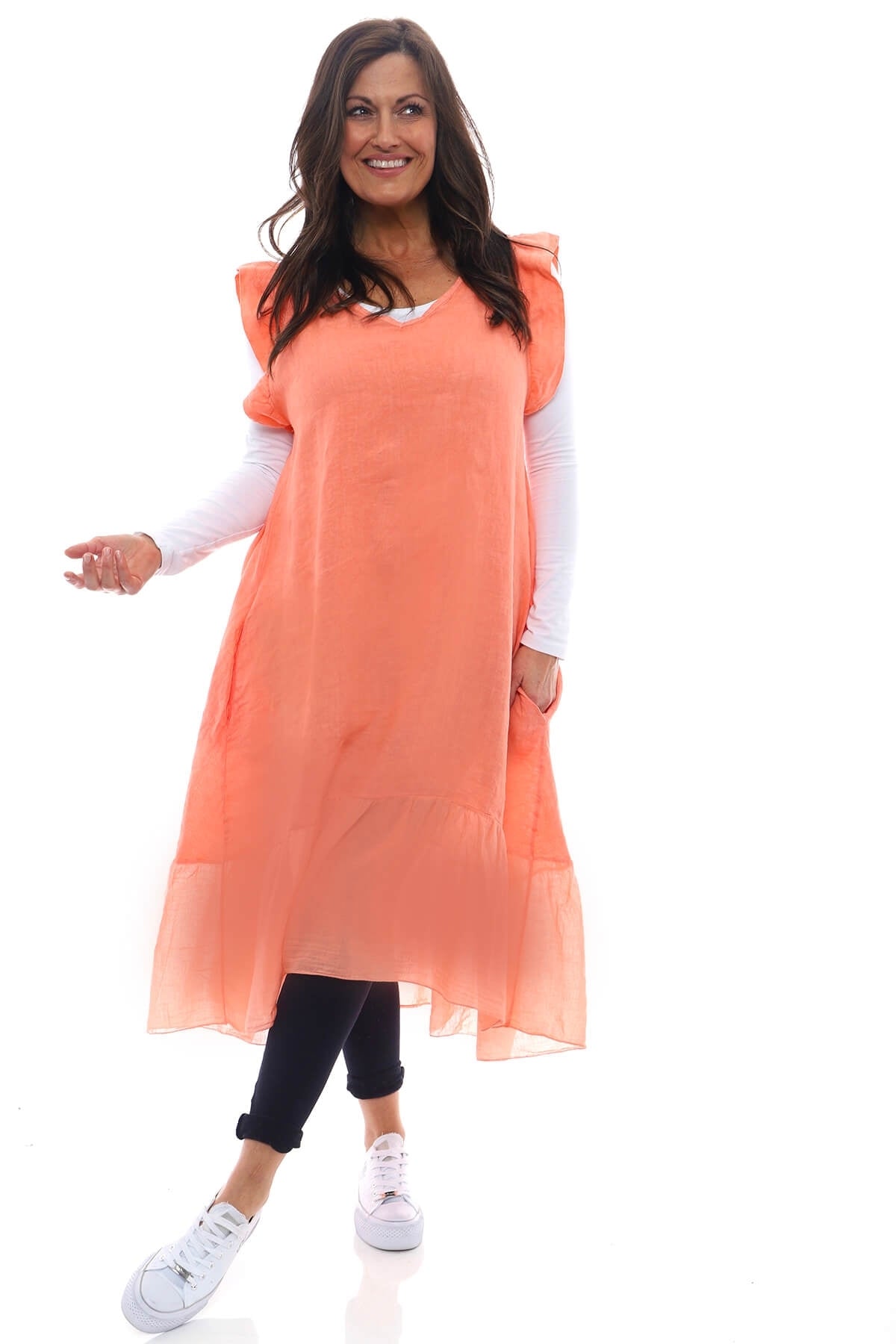 Alaysia Frill Linen Dress Coral