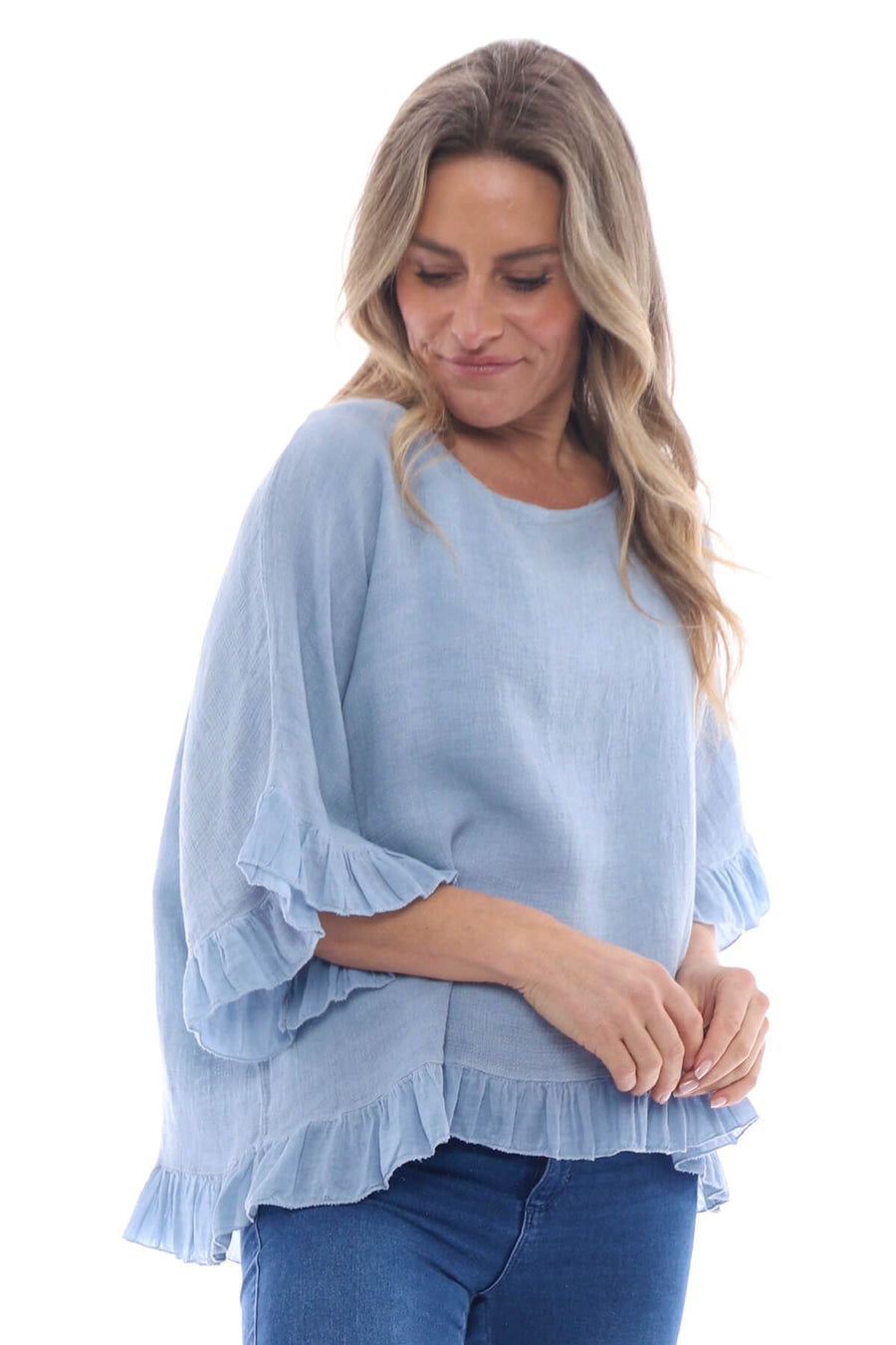 Lavinia Washed Frill Cotton Top Blue