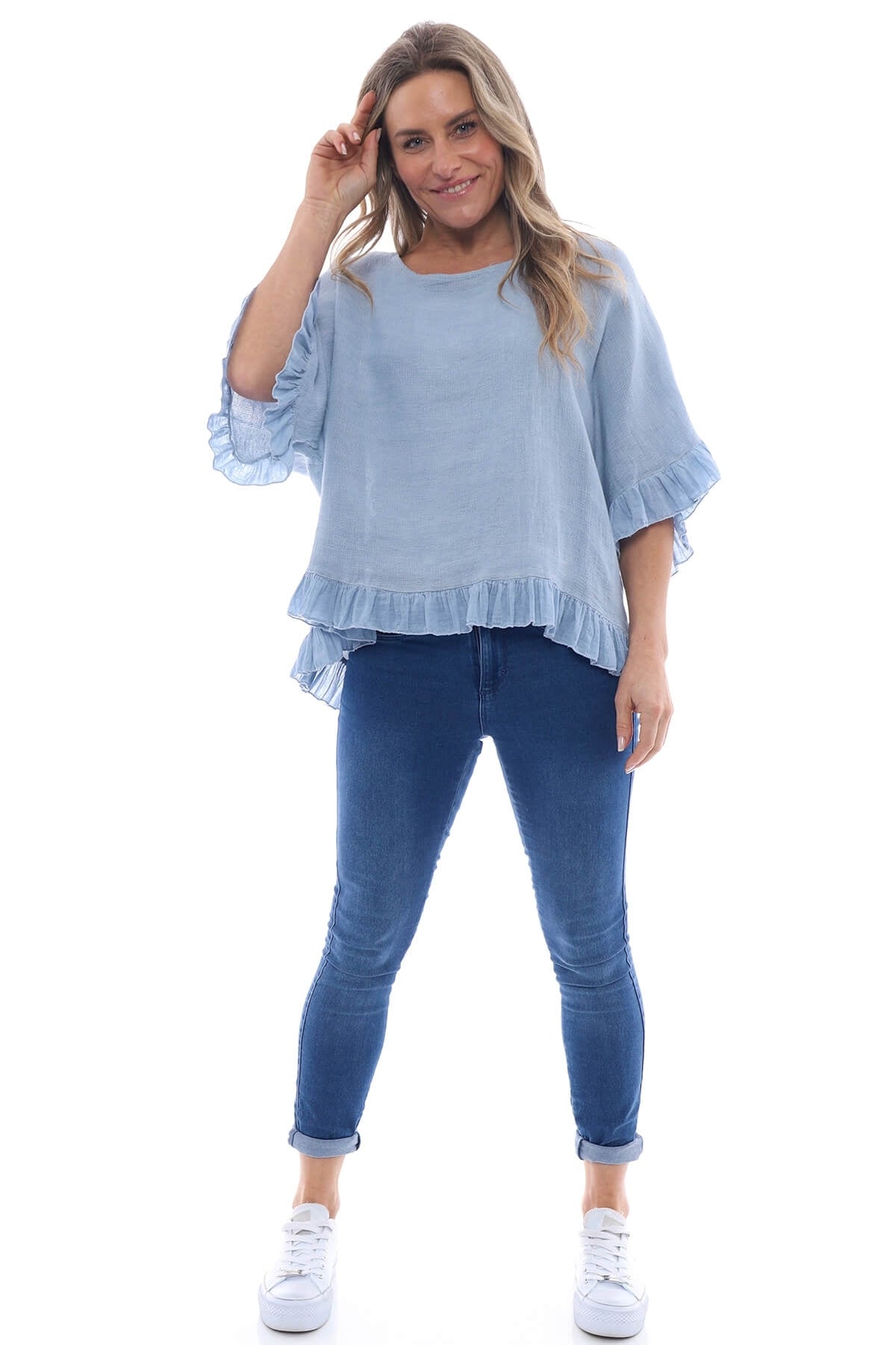 Lavinia Washed Frill Cotton Top Blue