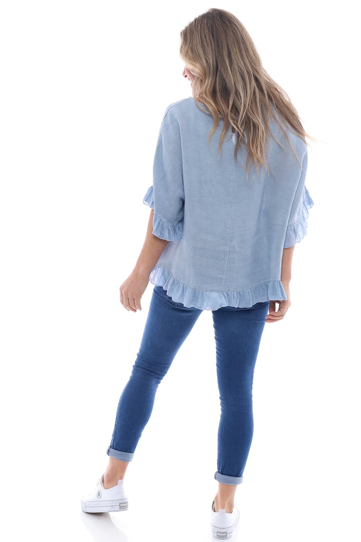 Lavinia Washed Frill Cotton Top Blue