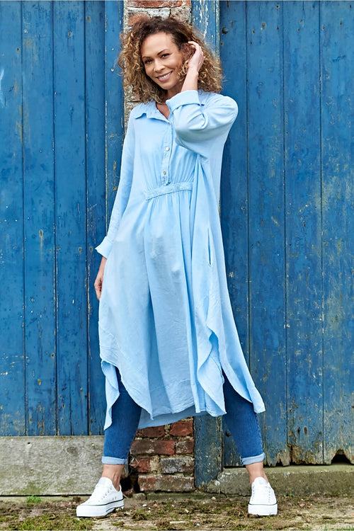 Shelbina Button Elasticated Linen Dress Light Blue