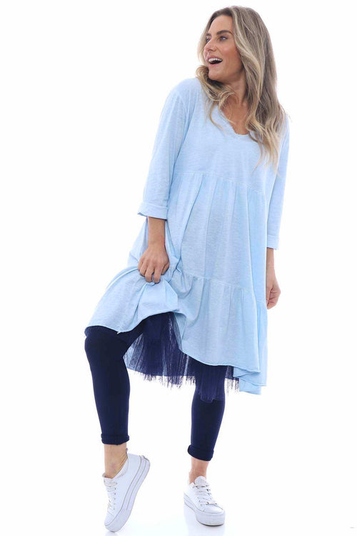 Pippa Washed Tiered Cotton Dress Light Blue