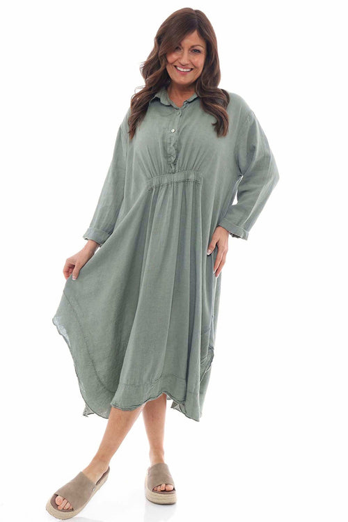 Shelbina Button Elasticated Linen Dress Khaki